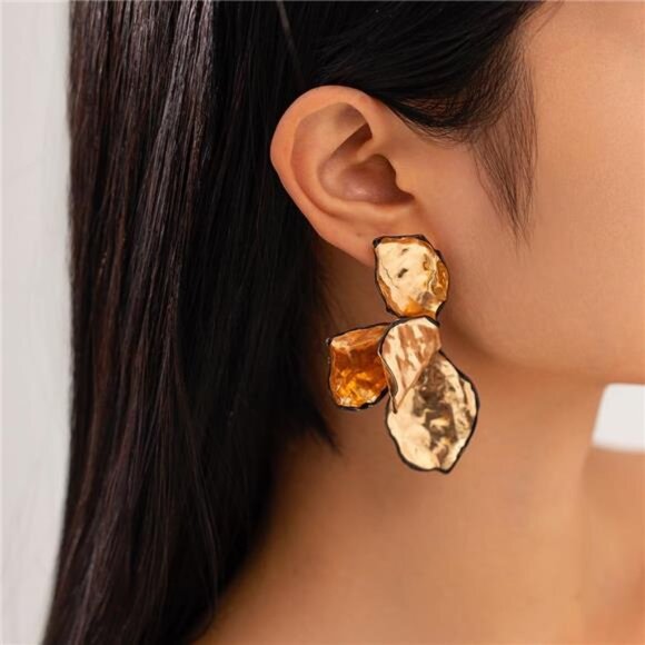 Big Statement Gold Flower Dangle Earrings – 14K Gold Plated Hammered Metal - Picture 3 of 6